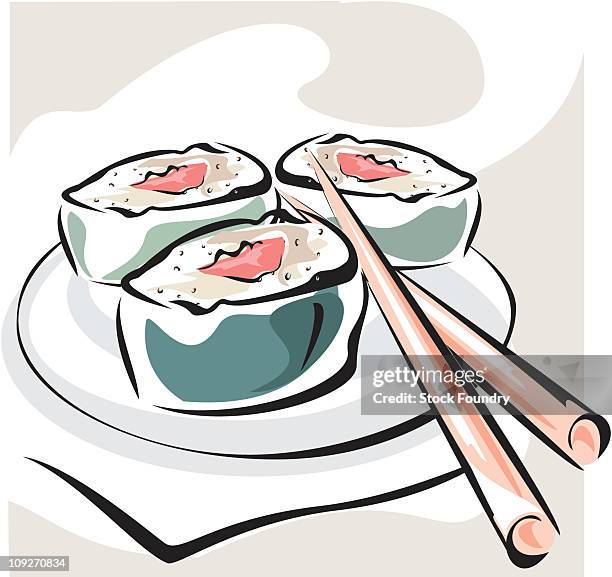 chopsticks and sushi - futomaki stock illustrations