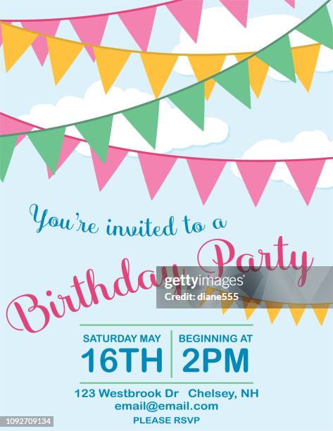 ilustraciones, imágenes clip art, dibujos animados e iconos de stock de plantilla de invitación fiesta de cumpleaños con nubes - happy birthday banner