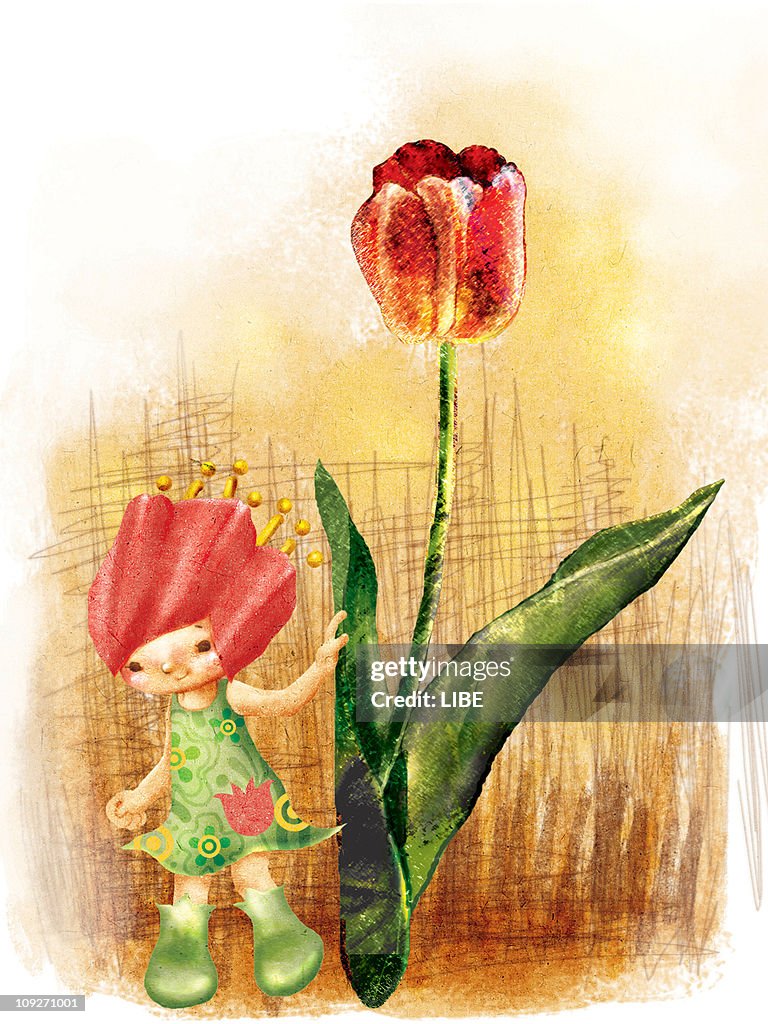 A small girl and a large tulip