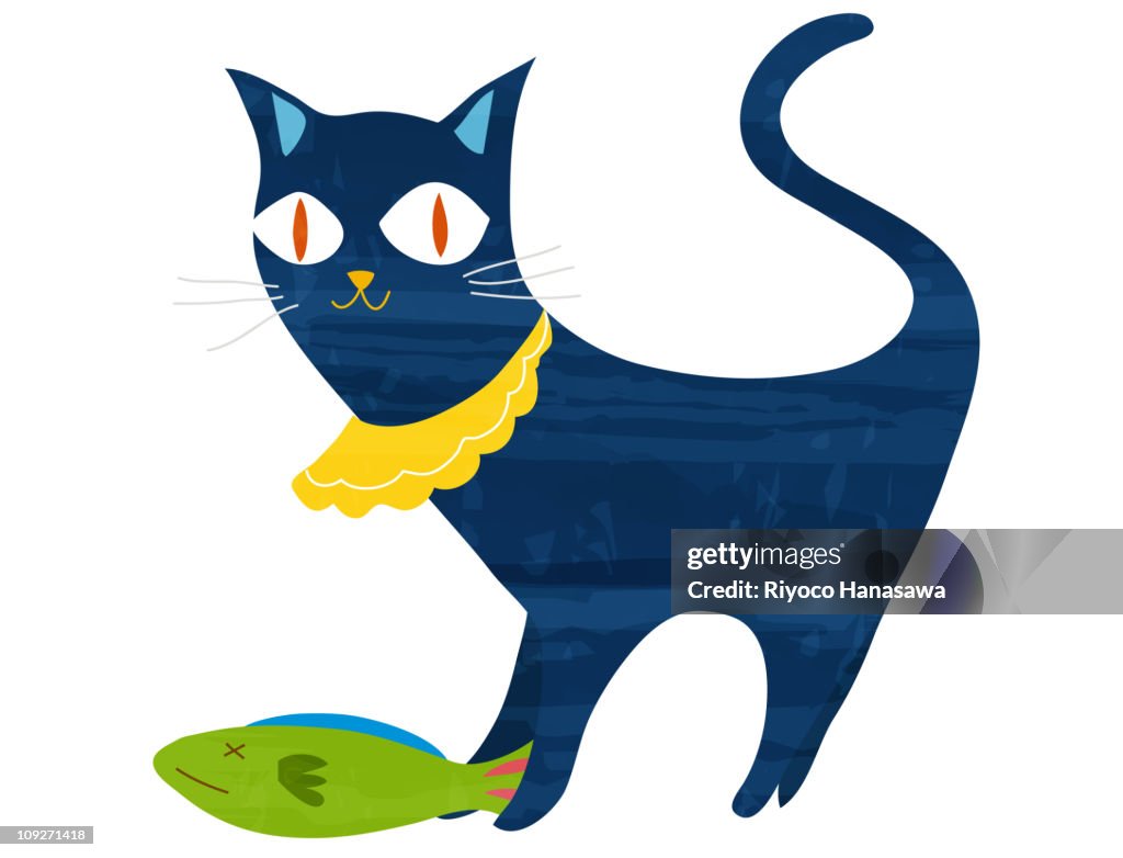 Illustration of a cat wearing a bib with a fish