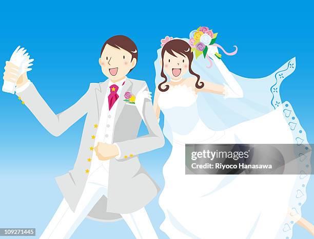 illustration of happy bride and groom - front on groom and bride stock illustrations