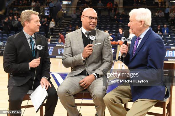 Fox announcers Rob Stone, Donny Marshall, and Bill Raftery on the air before a college basketball game between the St. John's Red Storm and the...