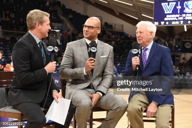 Fox announcers Rob Stone, Donny Marshall, and Bill Raftery on the air before a college basketball game between the St. John's Red Storm and the...