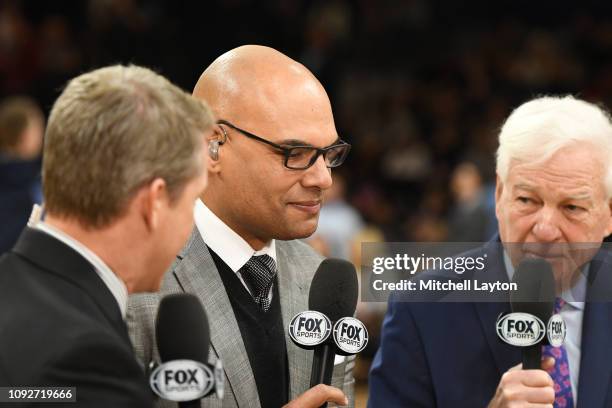 Fox announcers Rob Stone, Donny Marshall, and Bill Raftery on the air before a college basketball game between the St. John's Red Storm and the...