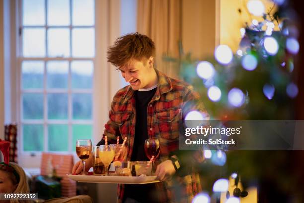 drankjes serveren op een house party van kerstmis - holiday cocktail party stockfoto's en -beelden