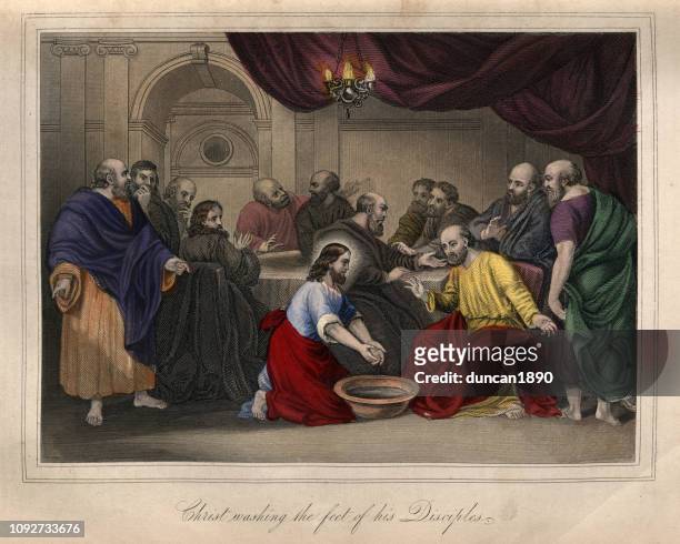 jesus christ washing the feet of his disciples - foot worship stock illustrations
