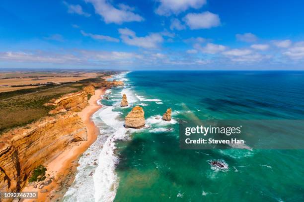 aerial view of the great ocean road and the twelve apostles near melbourne - victoria australia landscape stock pictures, royalty-free photos & images