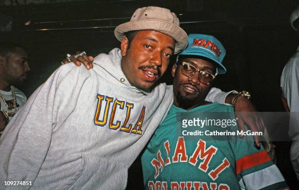 Russell Simmons and Daddy-O of Stetsasonic pose for a photo at a party for the release of Run DMC's album "Tougher Than Leather" on September 15,...