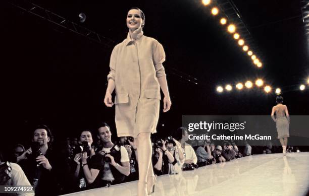 Isabella Rossellini walks the runway at a fashion show in the mid 1990s in New York City, New York.