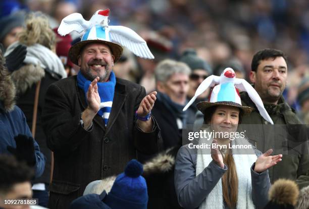 Brighton and Hove Albion fans are seen wearing seagull hats prior to the Premier League match between Brighton & Hove Albion and Watford FC at...