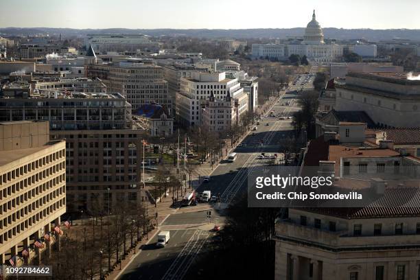 The U.S. Capitol is seen from the observation deck of the Old Post Office Tower January 11, 2019 in Washington, DC. While thousands of National Park...