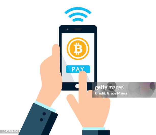 hands holding smartphone making a financial transaction using wireless smartphone with bitcoin sign - checkout screen stock illustrations