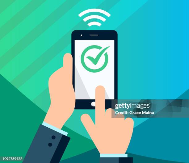 hands holding a secure smartphone after a successful financial transaction using wireless smartphone - behind counter stock illustrations