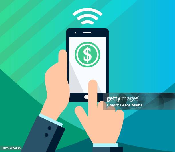 hands holding smartphone making a financial transaction using wireless smartphone with dollar sign - payment encryption stock illustrations