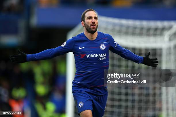 Gonzalo Higuain of Chelsea celebrates after scoring his team's first goal during the Premier League match between Chelsea FC and Huddersfield Town at...