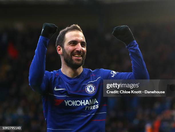 Gonzalo Higuain of Chelsea FC celebrates scoring his teams first goal during the Premier League match between Chelsea FC and Huddersfield Town at...