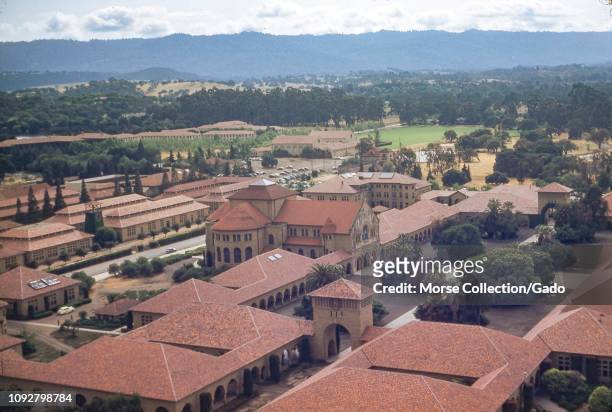 Aerial view of the campus of Stanford, University, including Stanford Memorial Church, likely taken from Hoover Tower in the Silicon Valley, Palo...