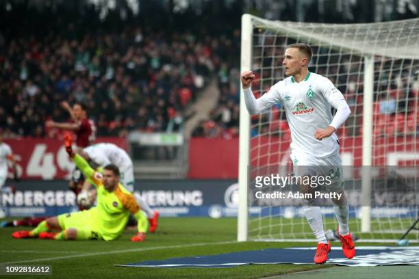 Johannes Eggestein of Werder Bremen celebrates after scoring his team's first goal during the Bundesliga match between 1. FC Nuernberg and SV Werder...