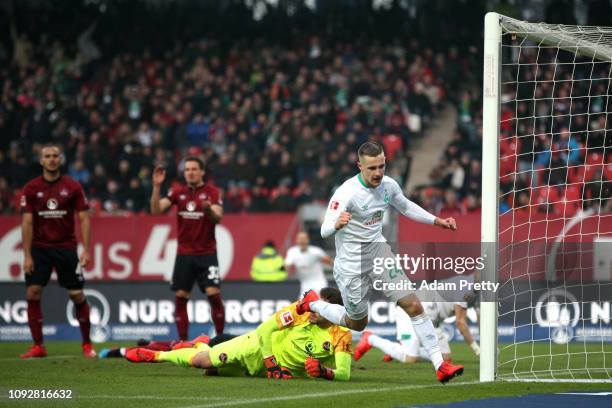 Johannes Eggestein of Werder Bremen celebrates after scoring his team's first goal during the Bundesliga match between 1. FC Nuernberg and SV Werder...