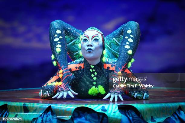 Contortionist Oyun-Erdene Sende from Cirque Du Soleil "TOTEM" during a full dress rehearsal at Royal Albert Hall on January 11, 2019 in London,...