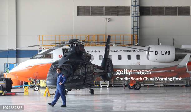Government Flying Service headquarters at Hong Kong International Airport, Chek Lap Kok. Picture shows helicopter EC155 B1, front, and Bombardier...