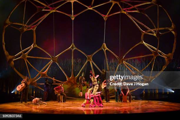 The cast of Cirque Du Soleil "TOTEM" during a dress rehearsal at Royal Albert Hall on January 11, 2019 in London, England.