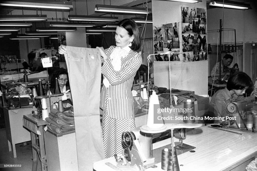 American fashion designer Gloria Vanderbilt visits Murjani, a Hunghom garment company where her jeans were made. 11JAN79