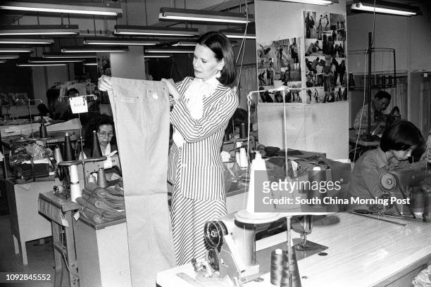 American fashion designer Gloria Vanderbilt visits Murjani, a Hunghom garment company where her jeans were made. 11 JAN 1979