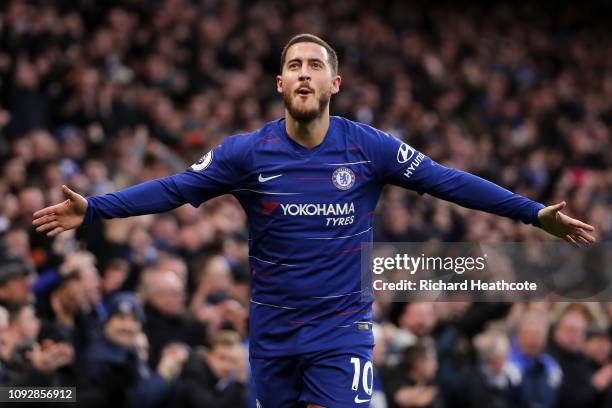 Eden Hazard of Chelsea celebrates after scoring his team's third goal during the Premier League match between Chelsea FC and Huddersfield Town at...