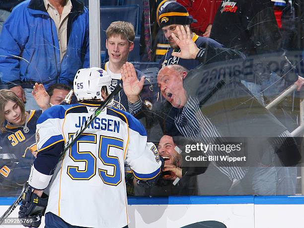 Cam Janssen of the St. Louis Blues is greeted by happy fans following their 3-0 victory over the Buffalo Sabres at HSBC Arena on February 18, 2011 in...