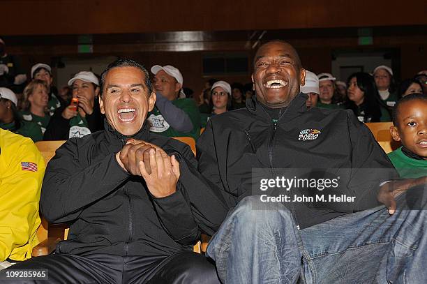 Los Angeles City Mayor Antonio Villiaraigosa and former NBA player Dikembe Mutombo attend the NBA Cares All-Star Day of Service with City Year at...