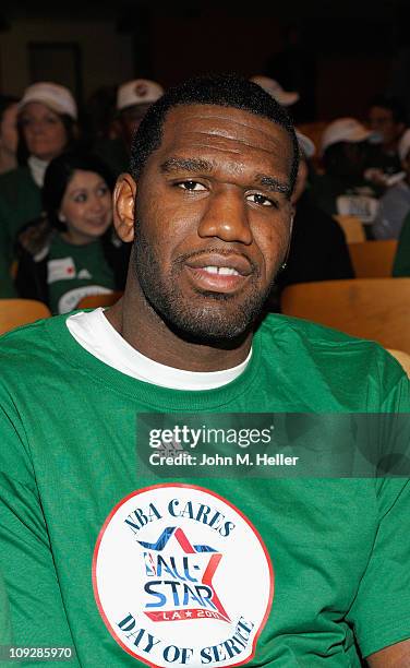 Center Greg Oden attends the NBA Cares All-Star Day of Service with City Year at Virgil Middle School on February 18, 2011 in Los Angeles, California.