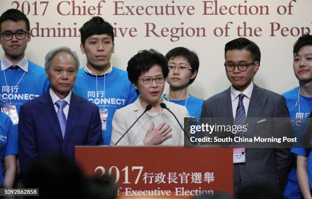 Carrie Lam Cheng Yuet-ngor , her husband Lam Siu-por and their elder son Jeremy Lam Tsit-sze meet the media after Carrie Lam won the Hong Kong Chief...