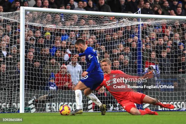 Eden Hazard of Chelsea scores their third goal during the Premier League match between Chelsea FC and Huddersfield Town at Stamford Bridge on...