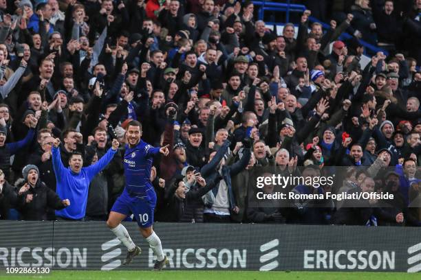 Eden Hazard of Chelsea celebrates after scoring their third goal during the Premier League match between Chelsea FC and Huddersfield Town at Stamford...