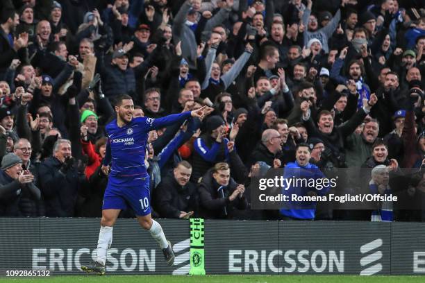 Eden Hazard of Chelsea celebrates after scoring their third goal during the Premier League match between Chelsea FC and Huddersfield Town at Stamford...