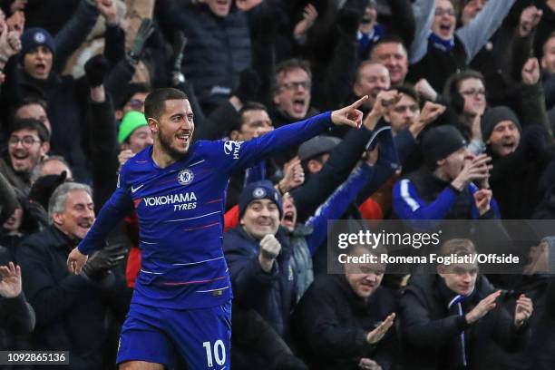 Eden Hazard of Chelsea celebrates after scoring their third goal during the Premier League match between Chelsea FC and Huddersfield Town at Stamford...