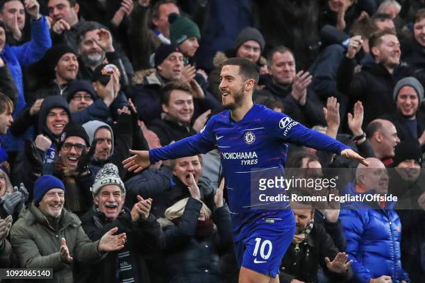 Eden Hazard of Chelsea celebrates after scoring their third goal during the Premier League match between Chelsea FC and Huddersfield Town at Stamford...