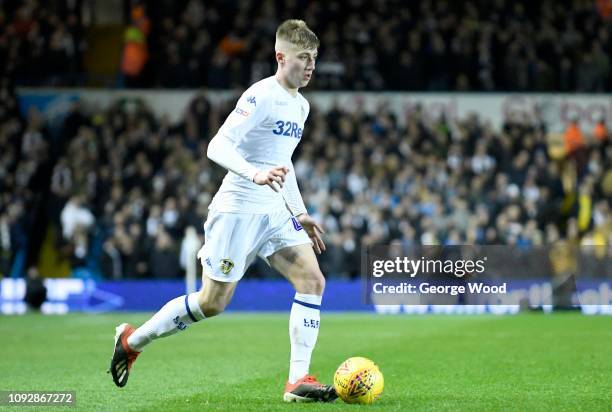 Jack Clarke of Leeds United runs with the ball during the Sky Bet Championship match between Leeds United and Derby County at Elland Road on January...