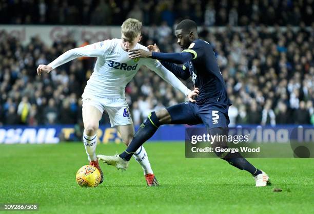 Jack Clarke of Leeds United and Fikayo Tomori of Derby County compete for the ball during the Sky Bet Championship match between Leeds United and...