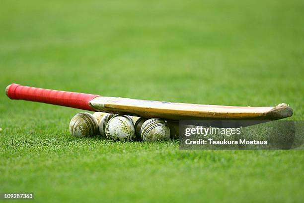 Cricket bat and balls are seen before the fourth Twenty20 match between the New Zealand and Australia at Queens Park on February 19, 2011 in...