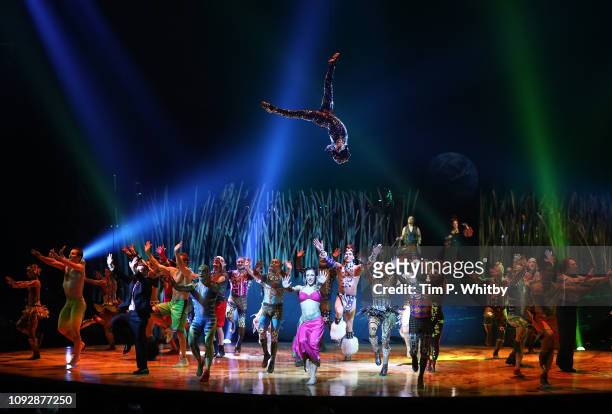 The cast of Cirque Du Soleil "TOTEM" during a full dress rehearsal at Royal Albert Hall on January 11, 2019 in London, England.
