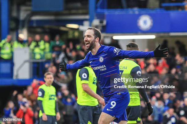 Gonzalo Higuain of Chelsea celebrates after making it 4-0, his second goal during the Premier League match between Chelsea FC and Huddersfield Town...