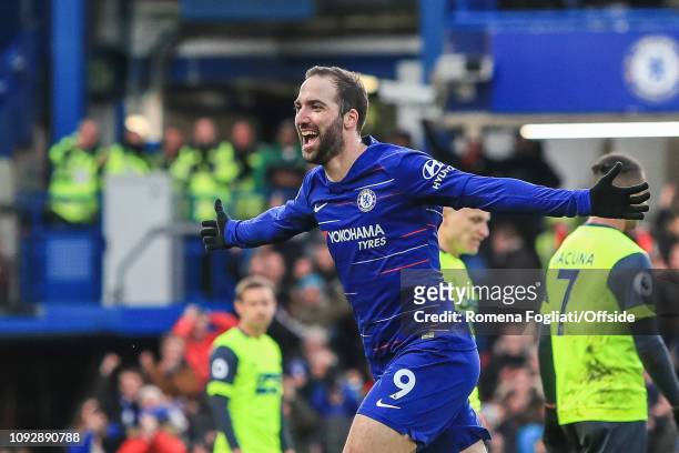 Gonzalo Higuain of Chelsea celebrates after making it 4-0, his second goal during the Premier League match between Chelsea FC and Huddersfield Town...