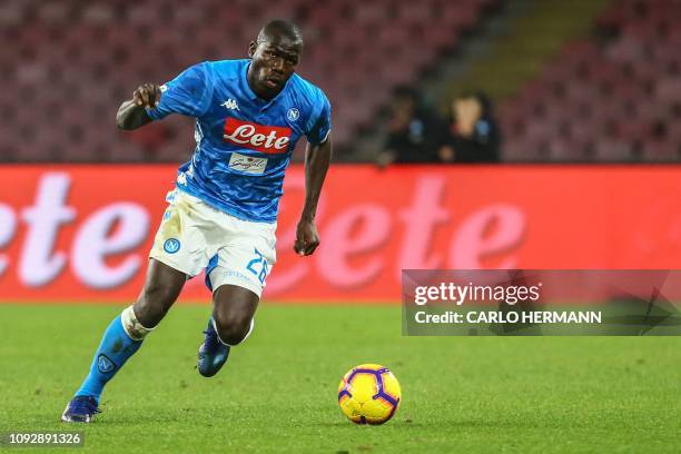 Napoli's Senegalese defender Kalidou Koulibaly runs with the ball during the Italian Serie A football match Napoli vs Sampdoria on February 2, 2019...