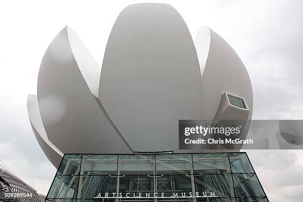 View of the outside of the ArtScience Museum on February 19, 2011 at Marina Bay Sands, Singapore. The ArtScience Museum opened for the first time to...