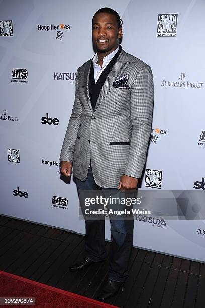 American football player Shaun Phillips arrives at the After-School All Stars Hoop Heroes Salute launch party at Katsuya, LA Live on February 18,...