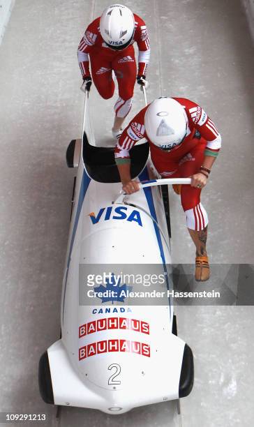 Pilot Kaillie Humphries and Heather Moyse of Team Canada 1 starts for the 3rd run of the women's Bobsleigh World Championship on February 19, 2011 in...