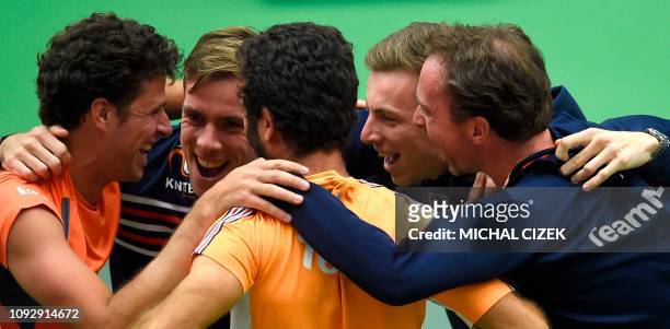 Robin Haase of the Netherlands celebrates with his team mates during the Davis Cup qualifiers Tennis match Czech Republic vs Netherlands, in Ostrava,...