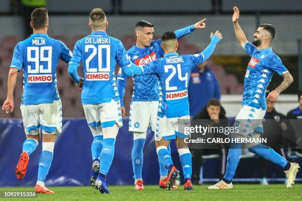 Napoli's Polish forward Arkadiusz Milik, Napoli's Polish midfielder Piotr Zielinski, Napoli's Spanish forward Jose Callejon, Napoli's Italian forward...